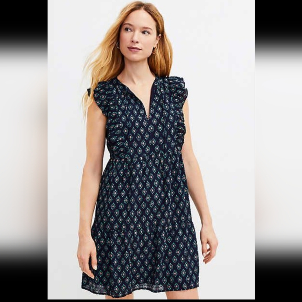 LOFT Blue and Green Buttoned Sundress with Flutter Cap Sleeves